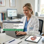 Professionnelle de santé utilisant un ordinateur pour générer des prompts IA sécurisés et anonymisés