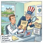 Illustration humoristique Oncle Sam et médecin français sur le Cloud Act et la protection des données de santé