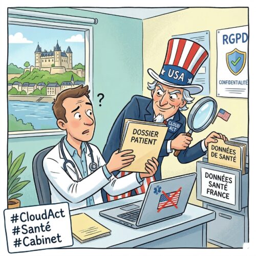 Illustration humoristique Oncle Sam et médecin français sur le Cloud Act et la protection des données de santé